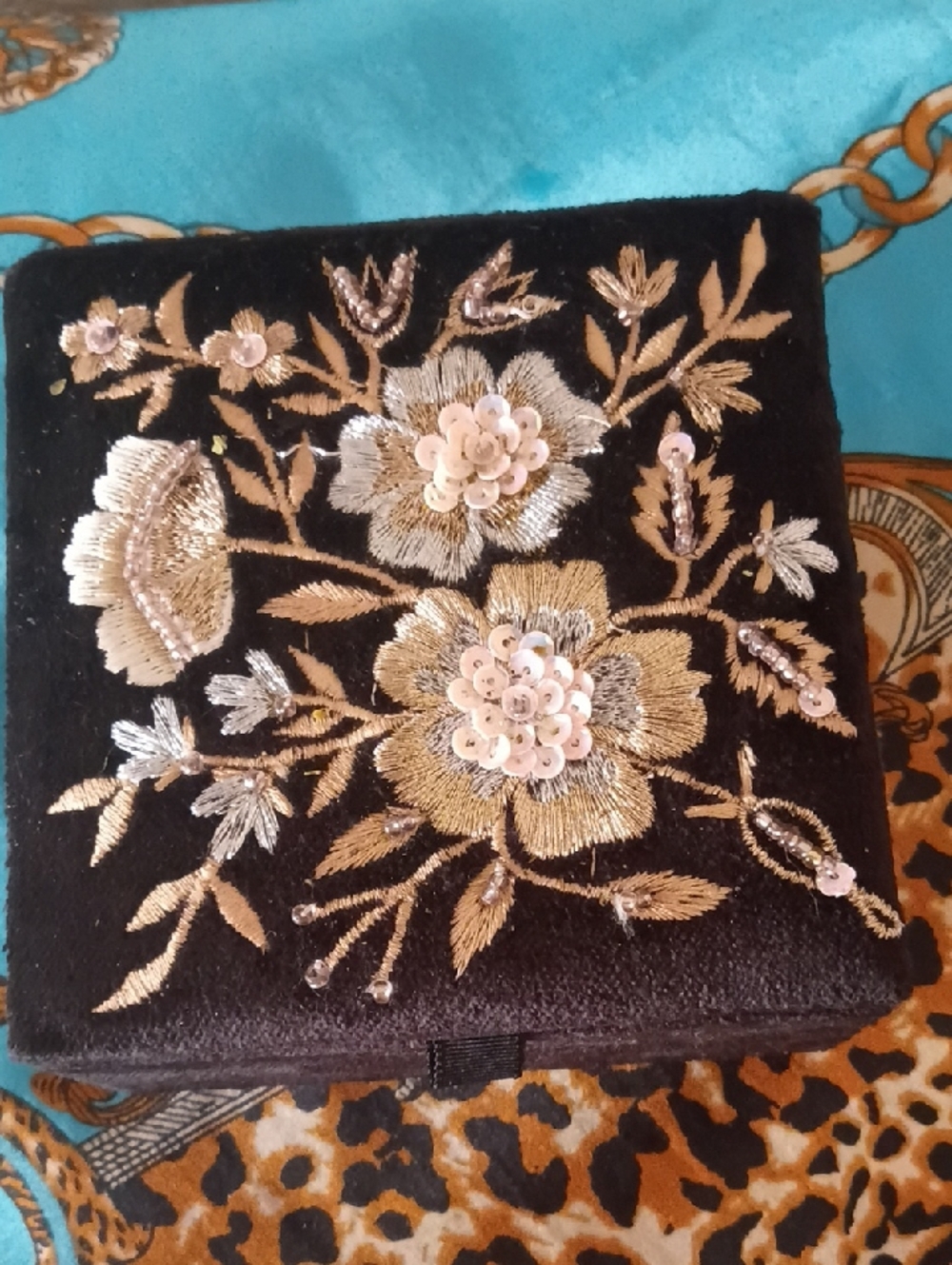 Embroidered Floral Jewelry Box - Black with Gold & Silver Accents